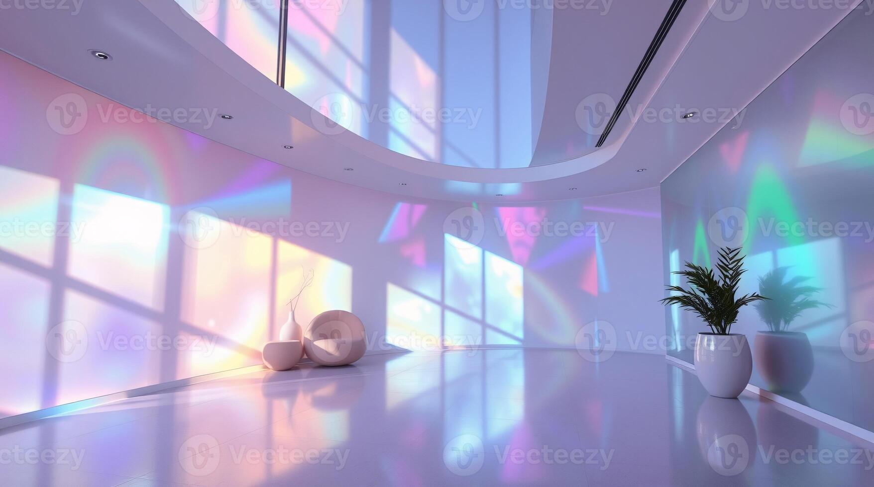 Modern interior with iridescent colors and strong, harsh light. Direct shadows, and iridescent reflections are prominently featured, rendered in a photorealistic style photo