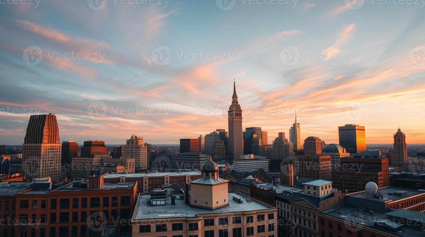This panoramic photograph showcases the modern city skyline at dusk, with its vibrant lights reflected on the water, embodying the perfect blend of urban elegance and tranquil beauty. photo
