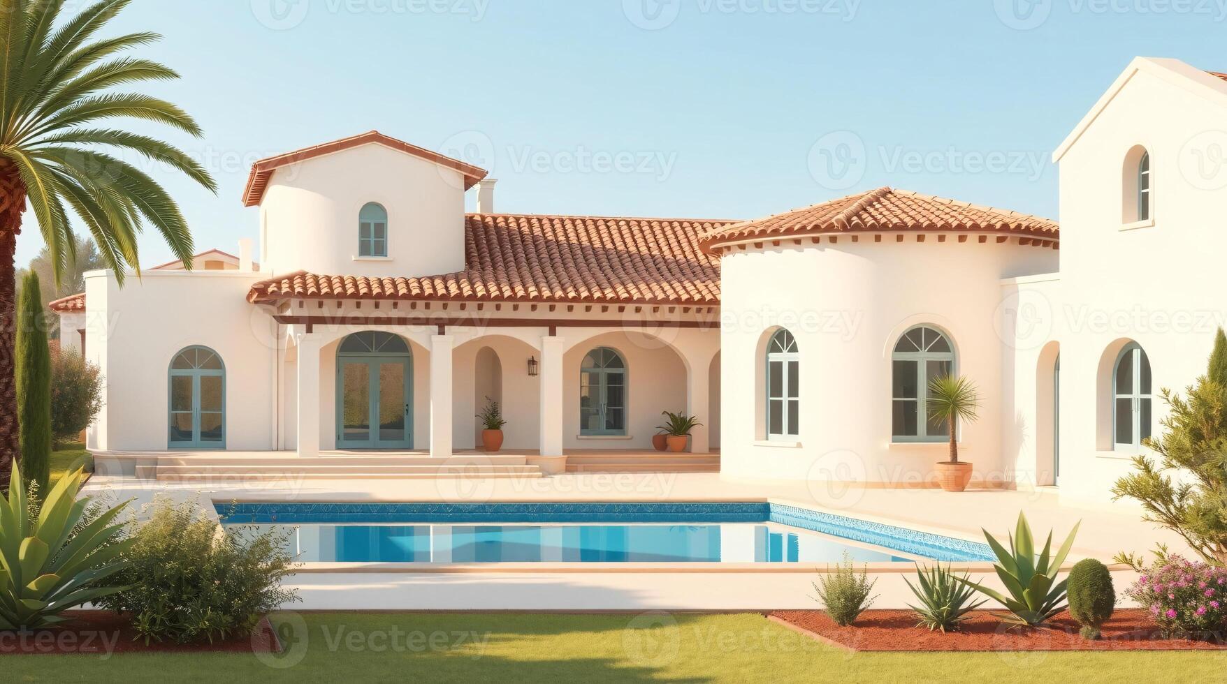 With elegant Mediterranean architecture and lush poolside gardens, this luxurious villa offers a serene outdoor oasis for relaxing and enjoying the tranquility of the surroundings. photo