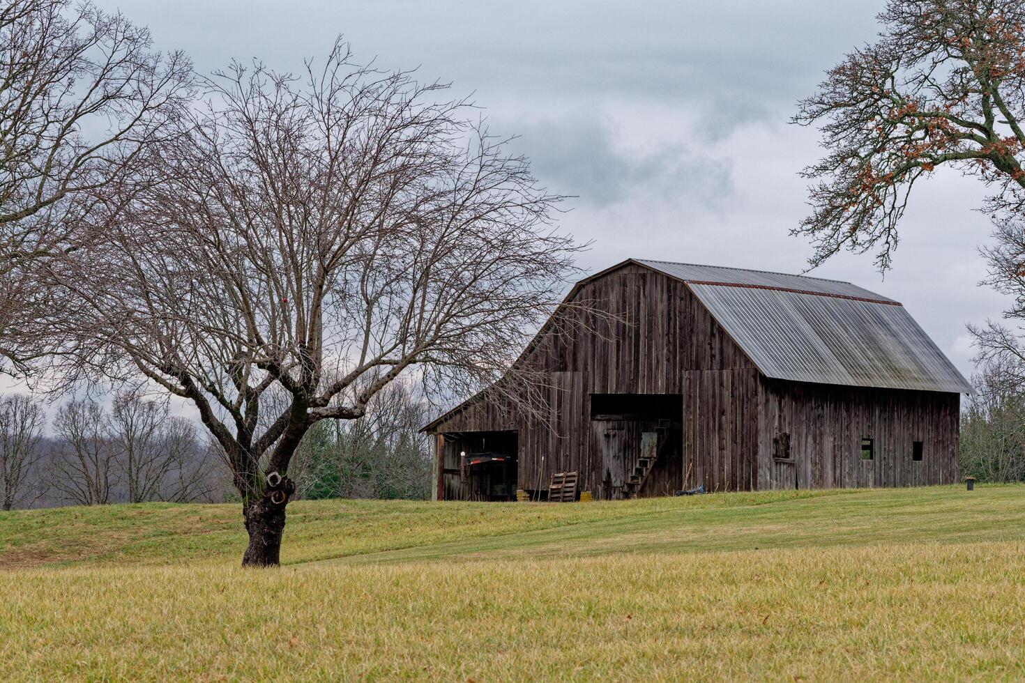Farmland with a wooden barn photo