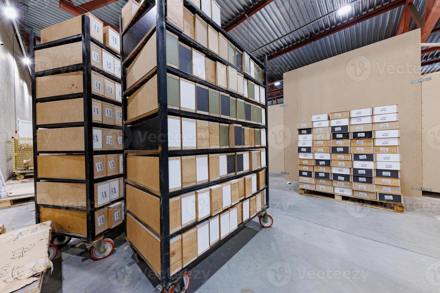 Layers of Order A Symphony of Boxes and Panels in an Expansive Warehouse Storage photo