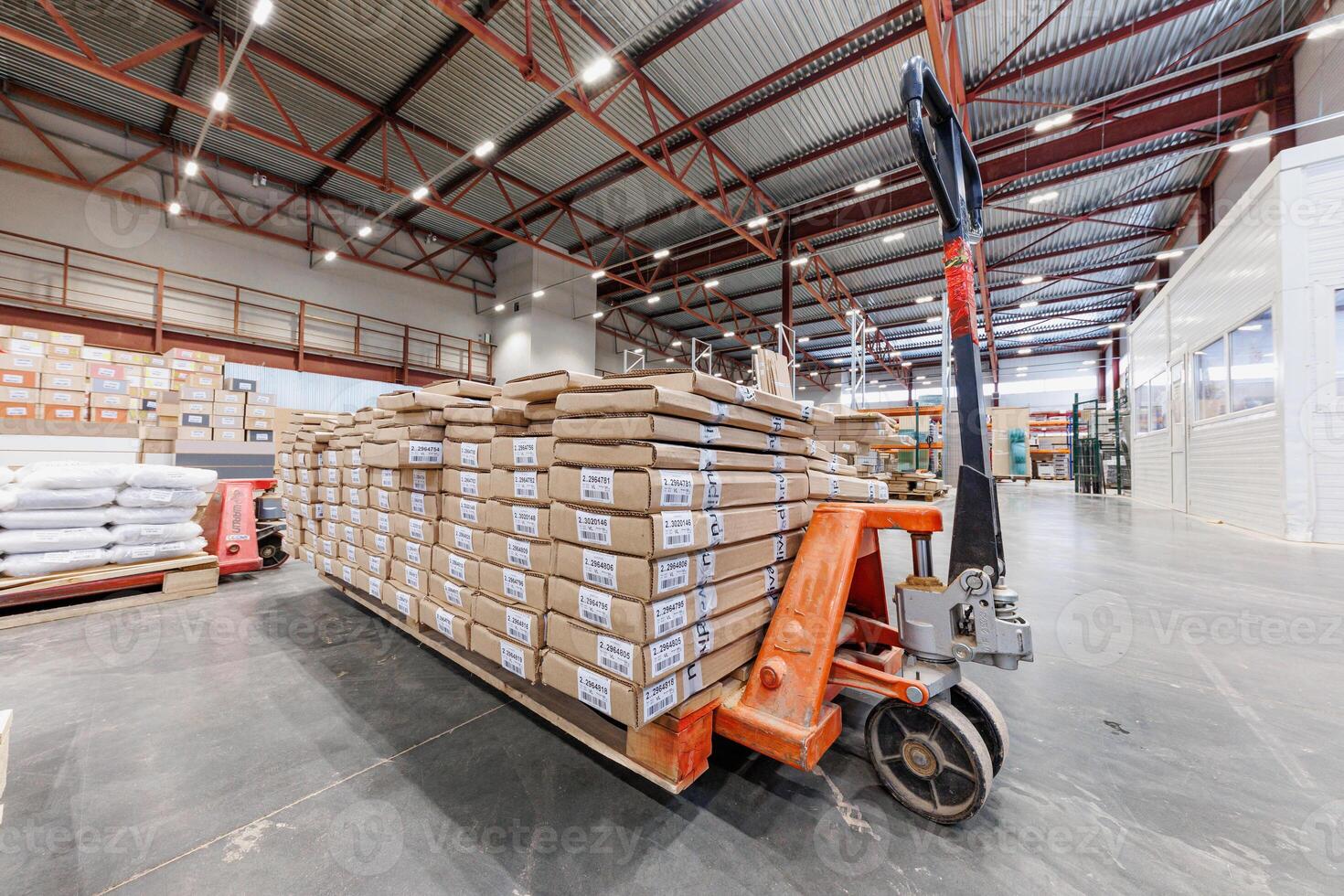 Dynamic Warehouse Flow Stacks of Boxes on a Pallet Jack Illuminate the Heart of Industrial Efficiency. photo