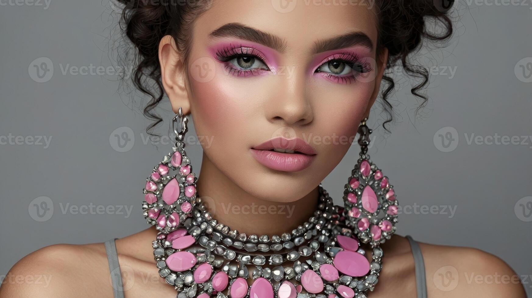 Close-up of a girl with pink makeup and grey accessories such as earrings and bracelet photo