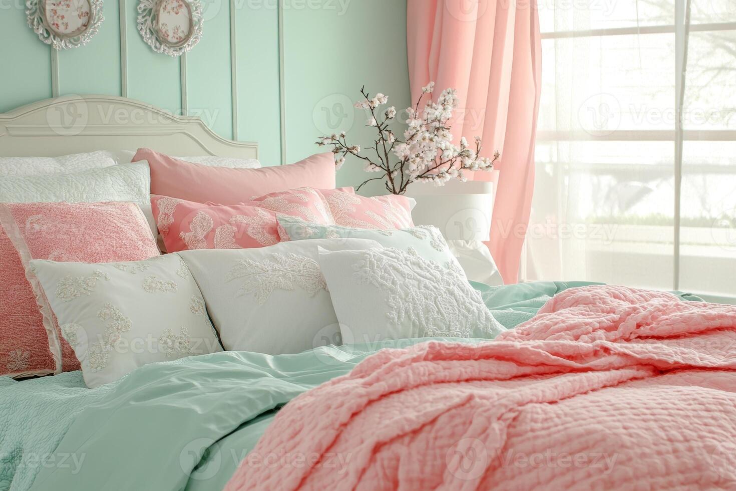 Cozy bedroom with a mint wall, pink bed and white decorative pillows photo