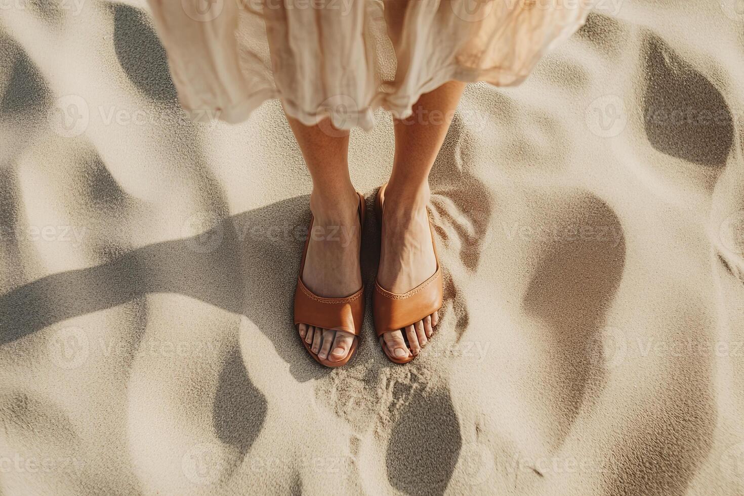 Summer look with a light sand dress and stylish terracotta shoes standing on the sand of the beach photo