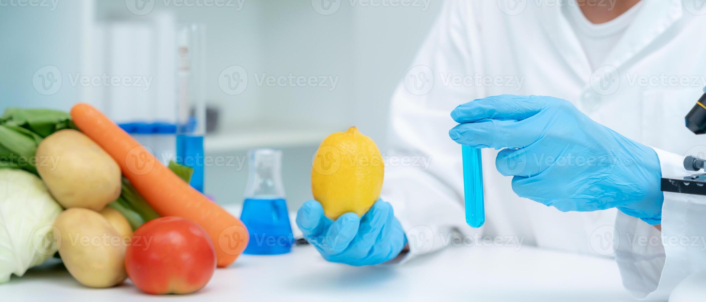 check chemical food residues in laboratory. Control experts inspect quality of fruits, vegetables. lab, hazards, ROHs, find prohibited substances, contaminate, Microscope, Microbiologist photo