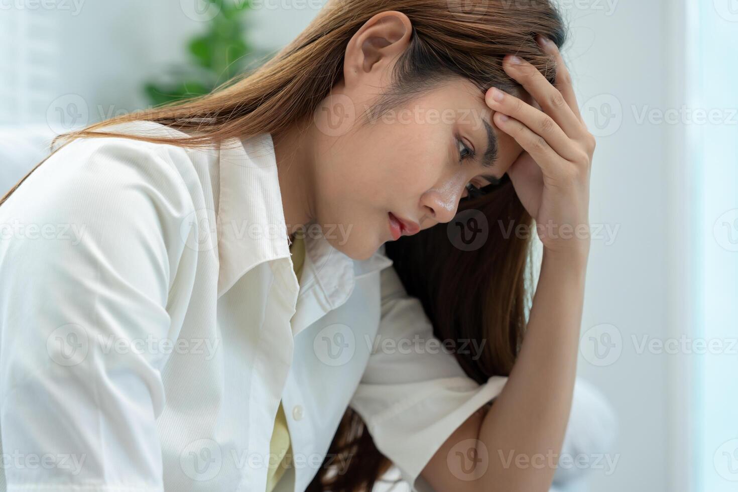 receiving bad news. Stressed girl confused with unhappy problems, arguing with boyfriend, cry and worry about unexpected pregnancy. photo