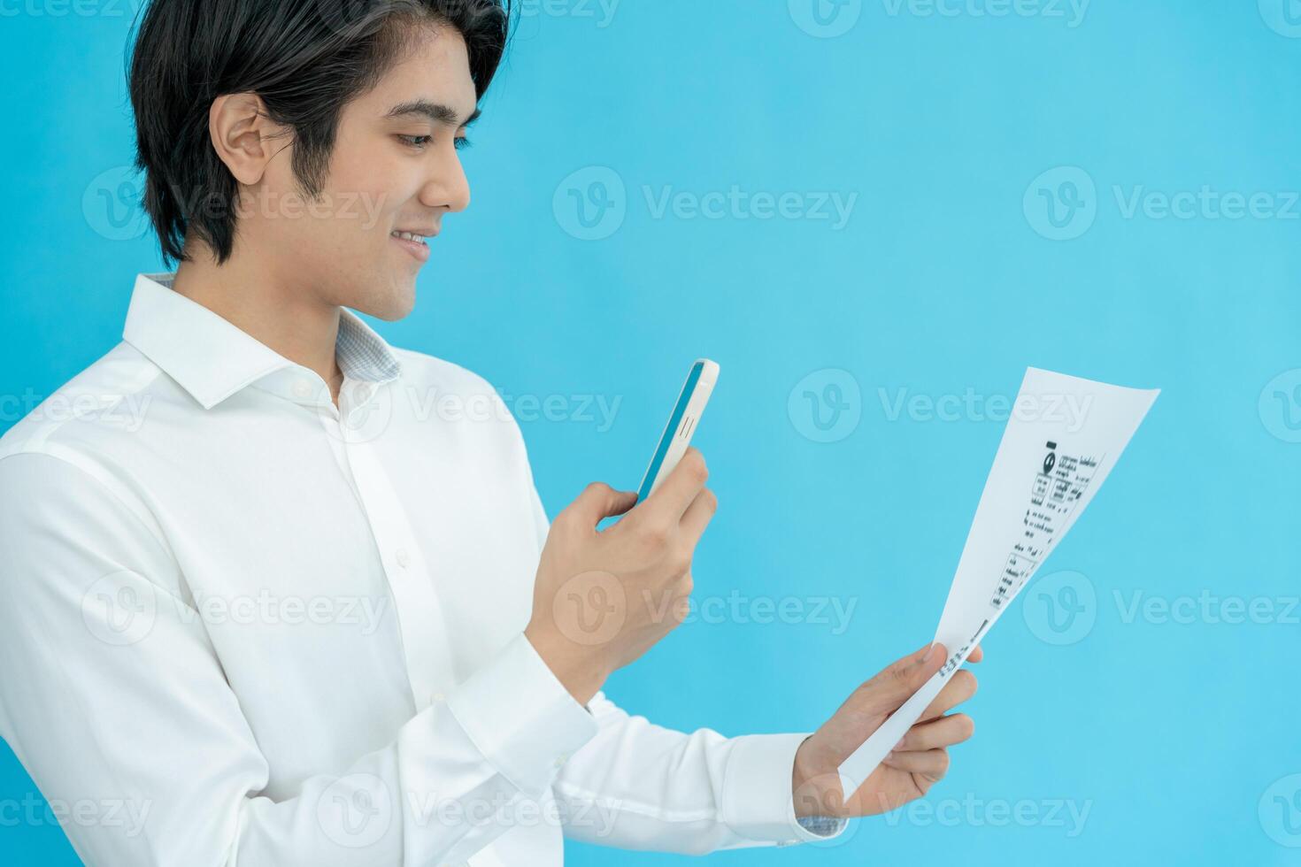 phone to scan barcode or QR codes to pay credit card bill after receiving document invoice online. payment, receive, paying electricity, digital payments without money, technology photo