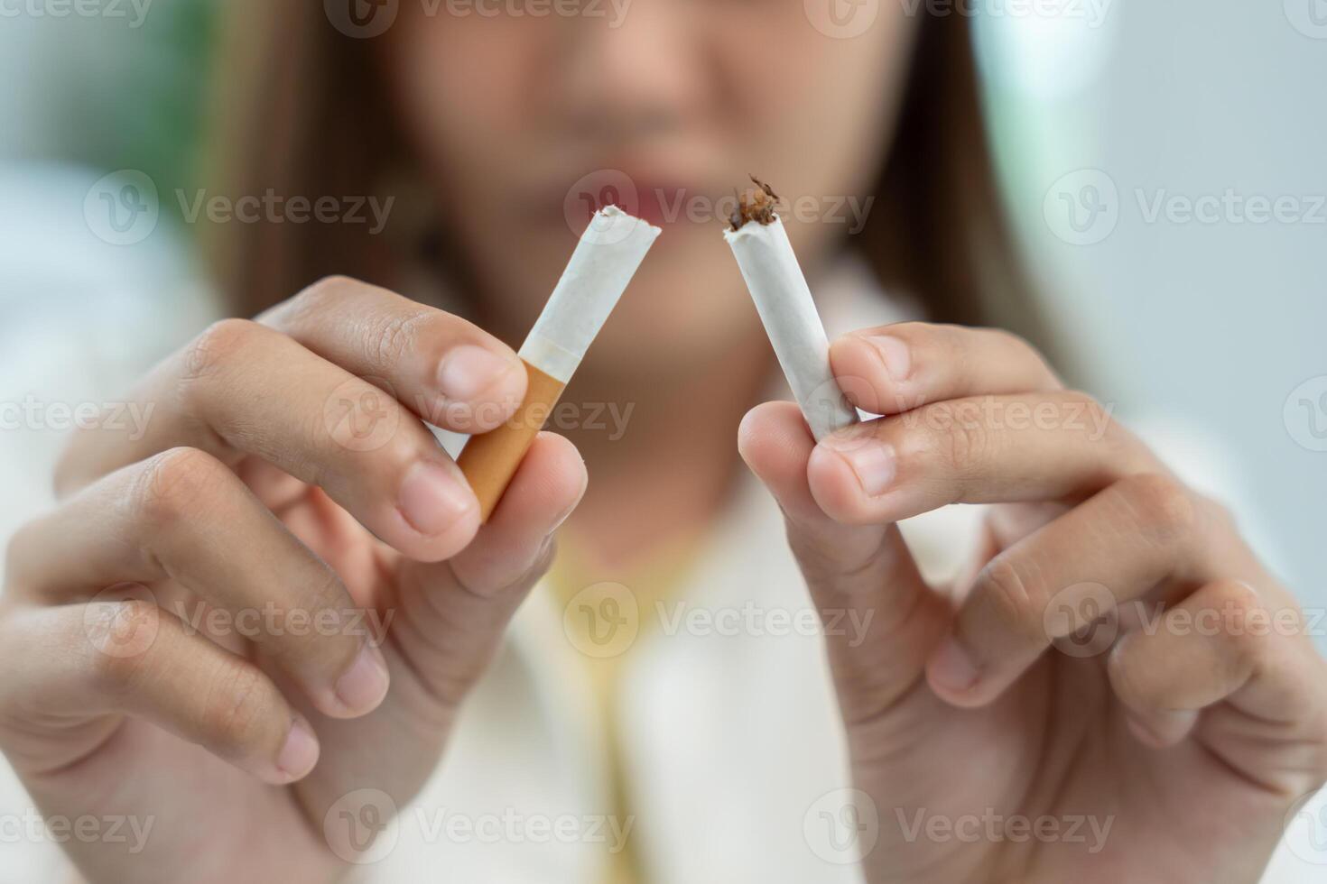 No smoking. Woman stop smoke, refuse, reject, break take cigarette, say no. quit smoking for health. world tobacco day. drugs, Lung Cancer, emphysema , Pulmonary disease, narcotic, nicotine effect. photo