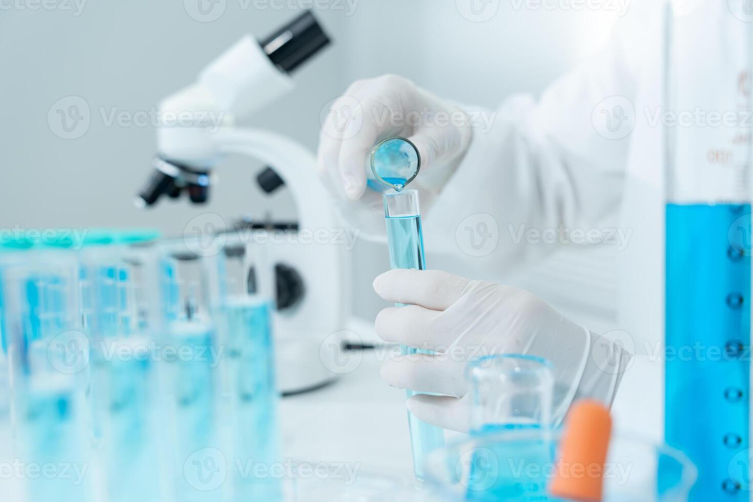 Scientist analyze biochemical sample in advanced scientific laboratory. Medical professional check chemical mix microbiological developmental of viral. Biotechnology research in science lab photo