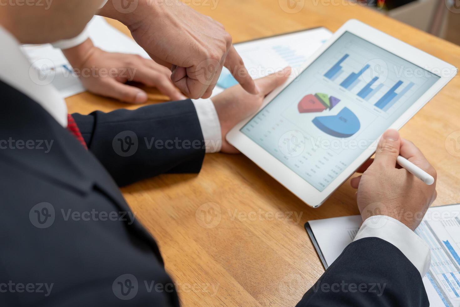 Business men calculate benefit, spreadsheets, graph financial development, bank accounts, statistics, economy, data analysis, investment analysis, stock exchange,Interest rates photo