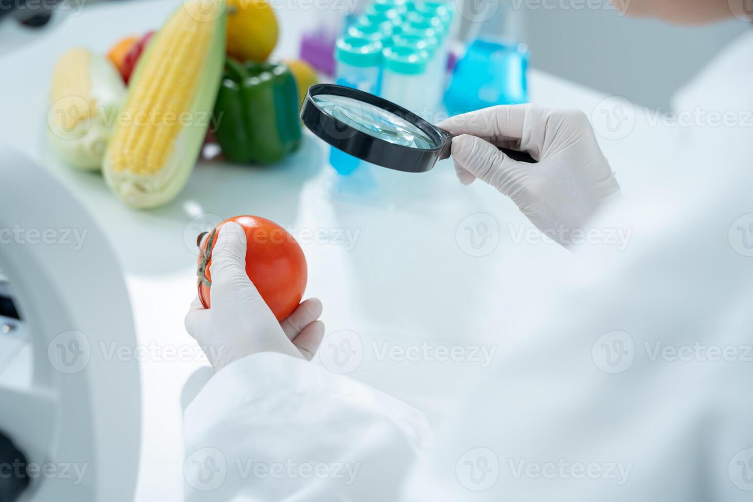 check chemical food residues in laboratory. Control experts inspect quality of fruits, vegetables. lab, hazards, ROHs, find prohibited substances, contaminate, Microscope. photo