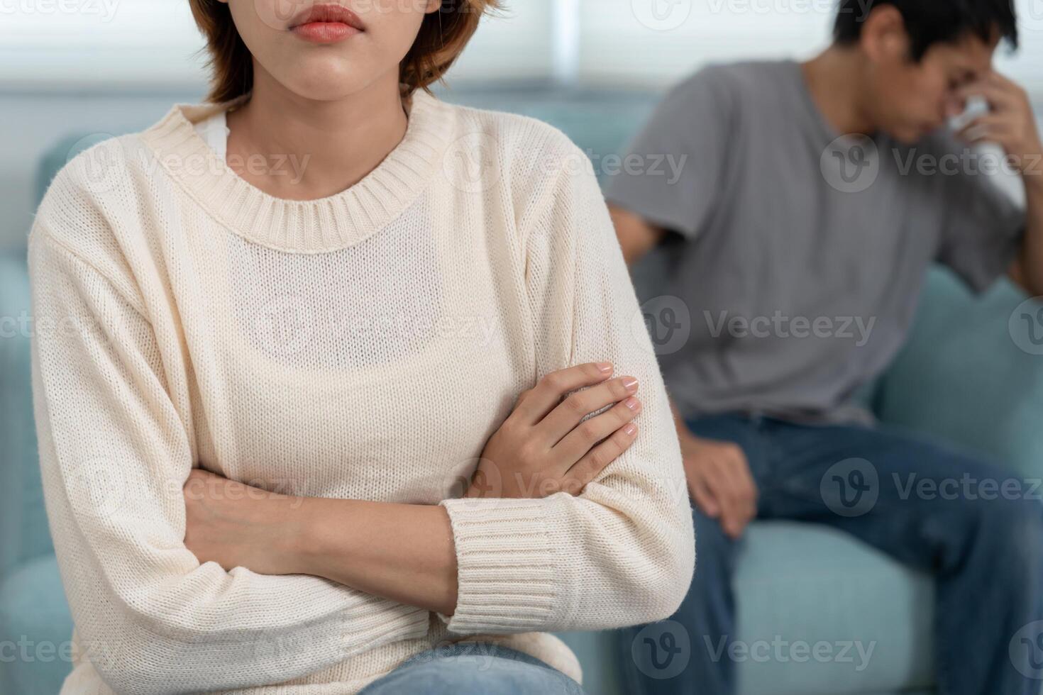Divorce and quarrels. couples are desperate and disappointed after marriage. Husband and wife are sad, upset and frustrated after quarrels. distrust, love problems photo