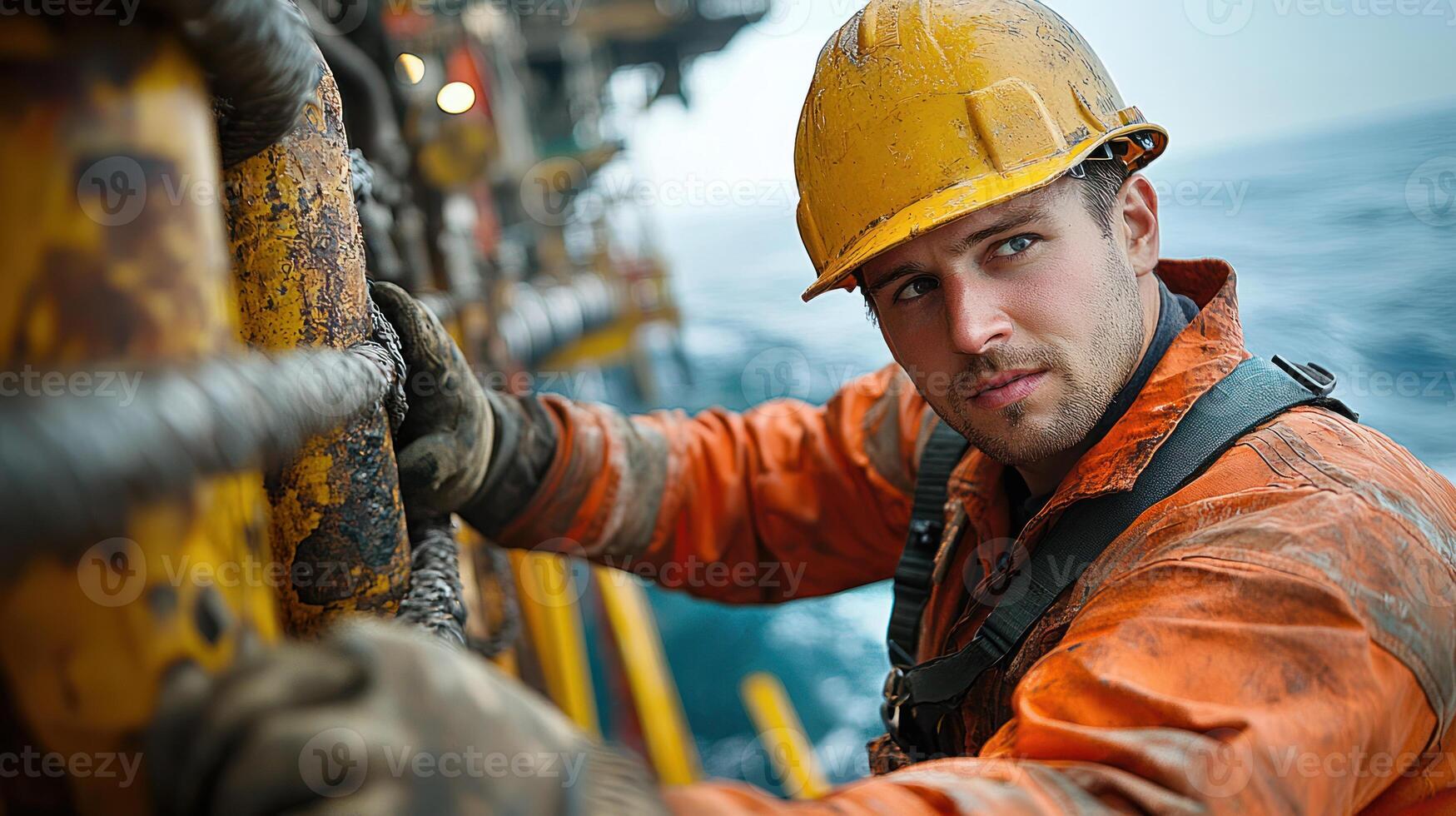 Technician working on equipment at oil platform in Gulf of Mexico, focused and determined photo