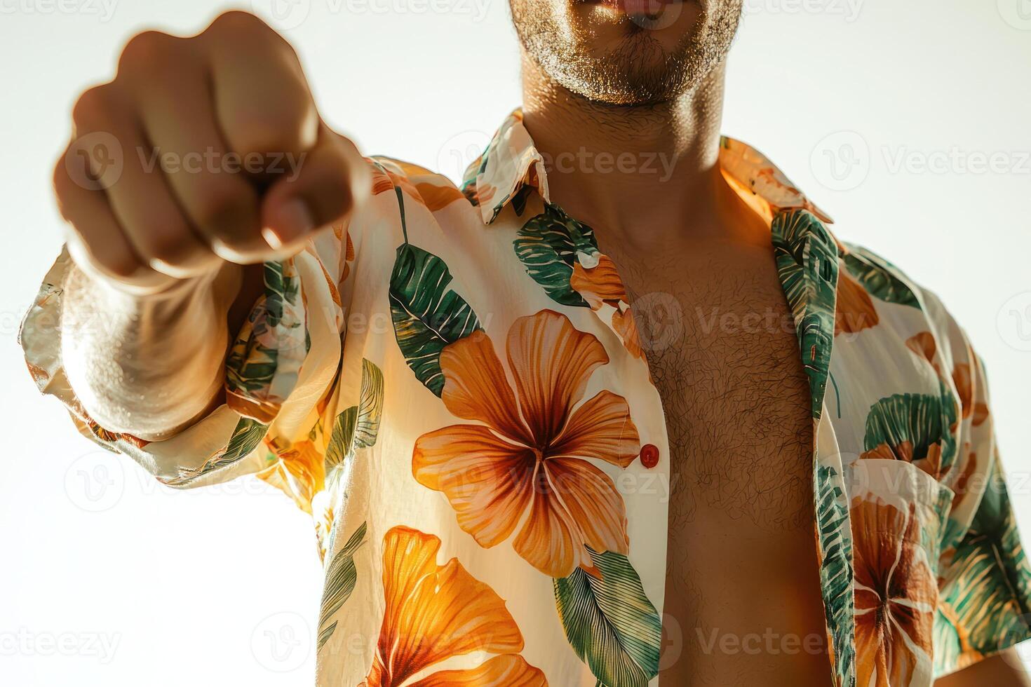 Dynamic pose with tanned skin, floral shirt design, fist pump, and luminous light photo