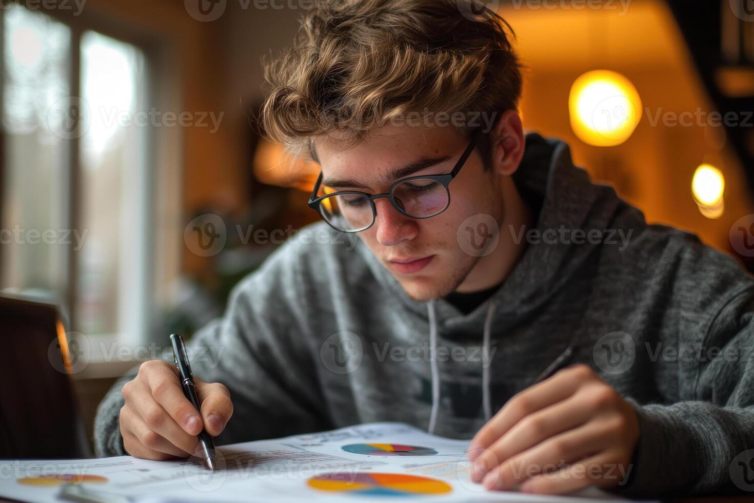 Focused individual studying financial planning documents with pie charts and metrics photo