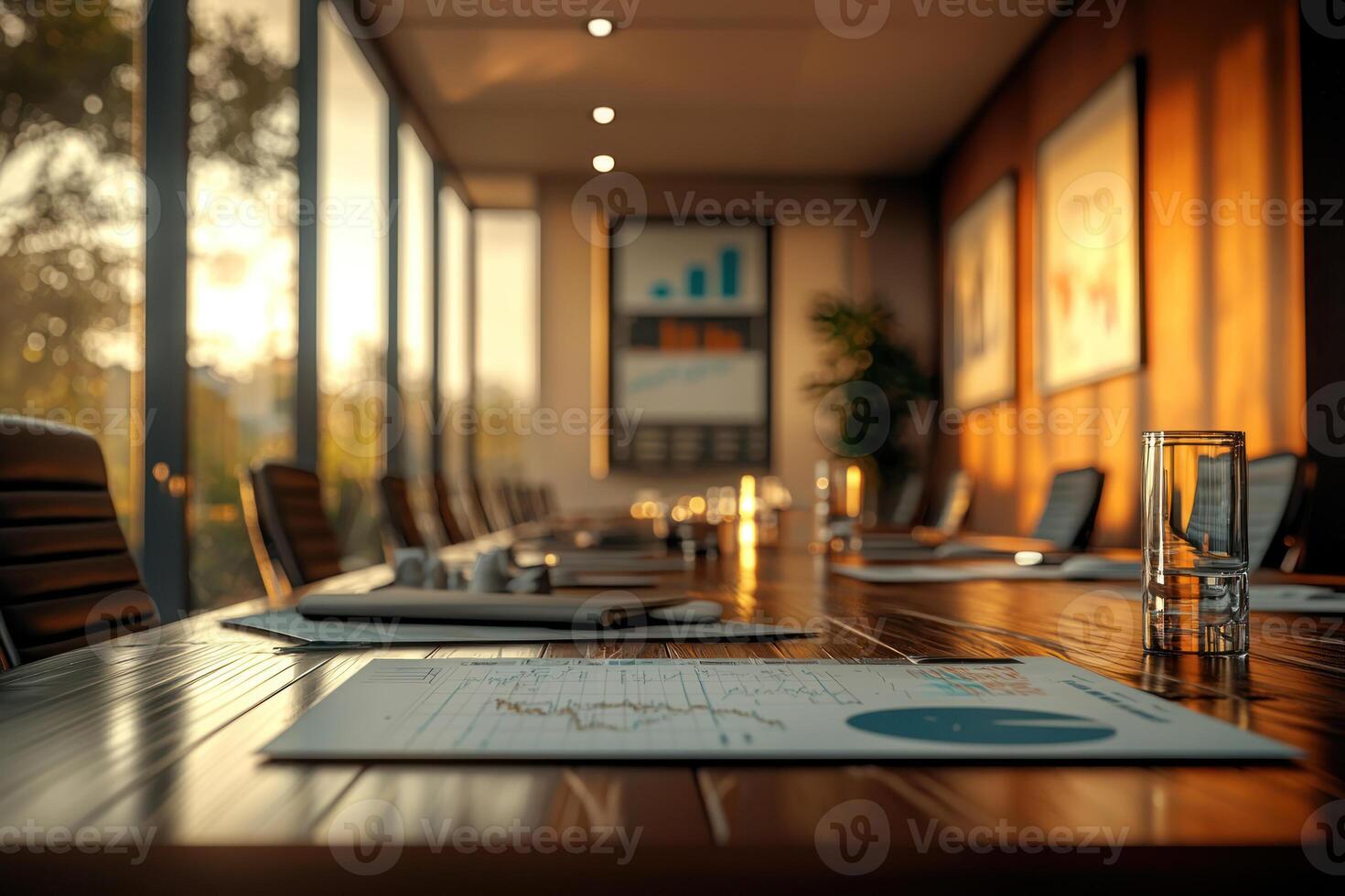 modern meeting room with business charts, focused professionals, and warm atmosphere photo