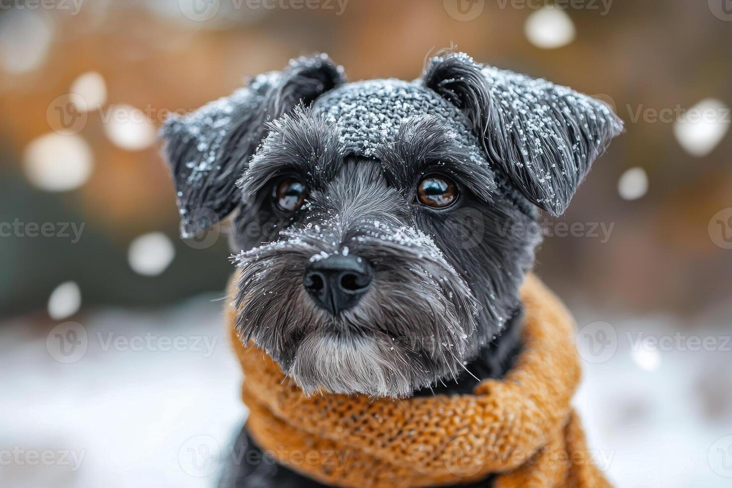 dog in stylish knitted snood with snowflakes in winter scene photo