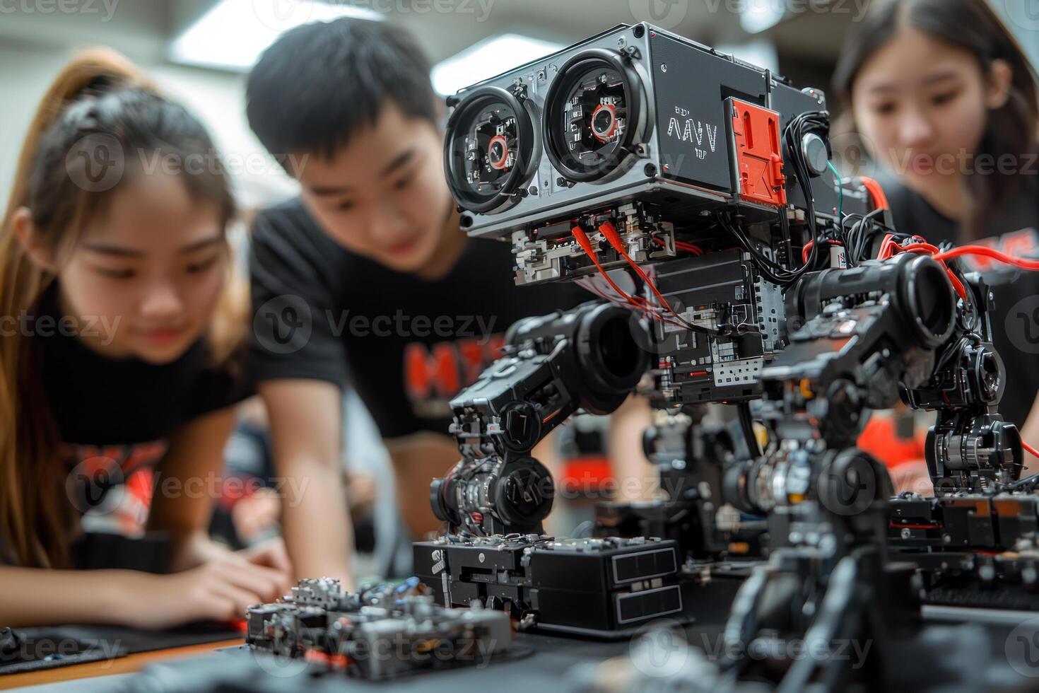 professional team collaborating on robotics project in high tech lab, showcasing innovation and teamwork photo