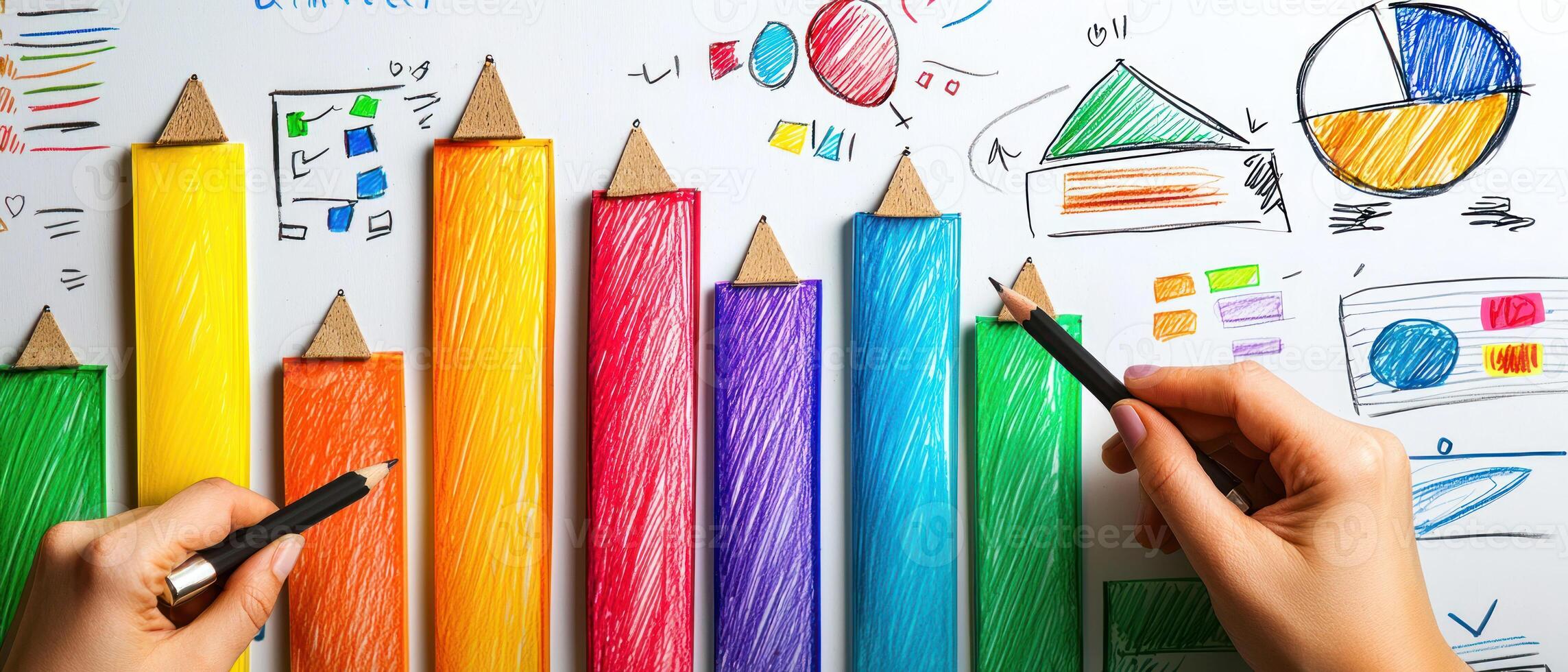 Colorful charts and hands creating vibrant brainstorming session on whiteboard photo