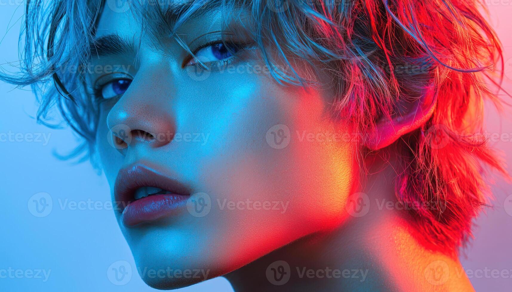 Vibrant portrait of person with stylish hair and expressive features, showcasing colorful lighting effects photo