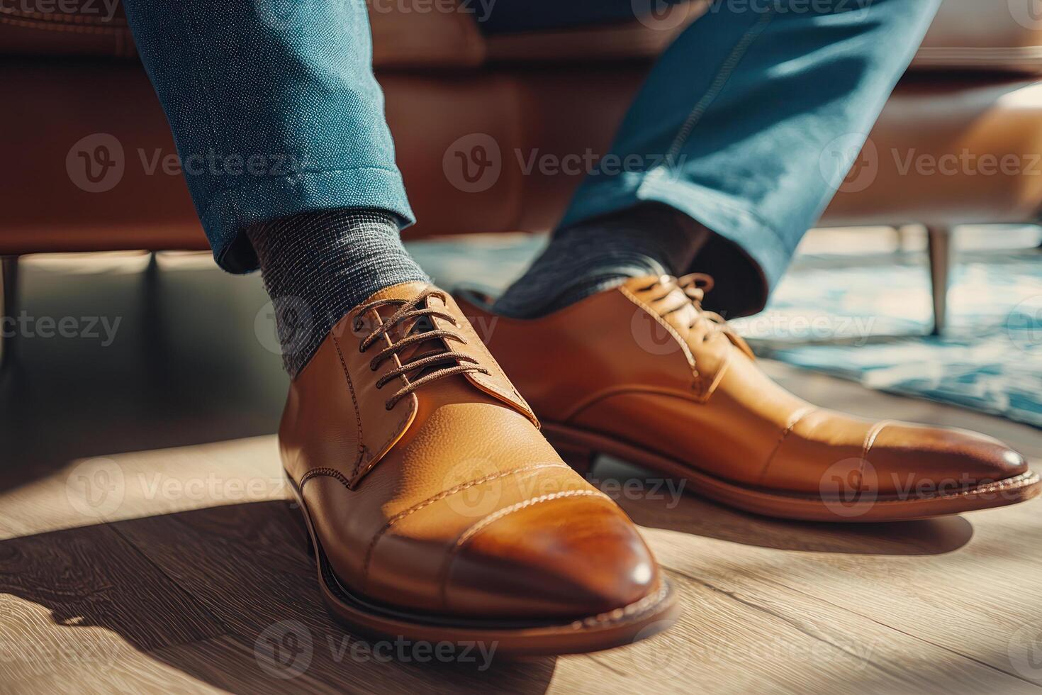 Elegant brown leather shoes with gray socks in modern setting photo
