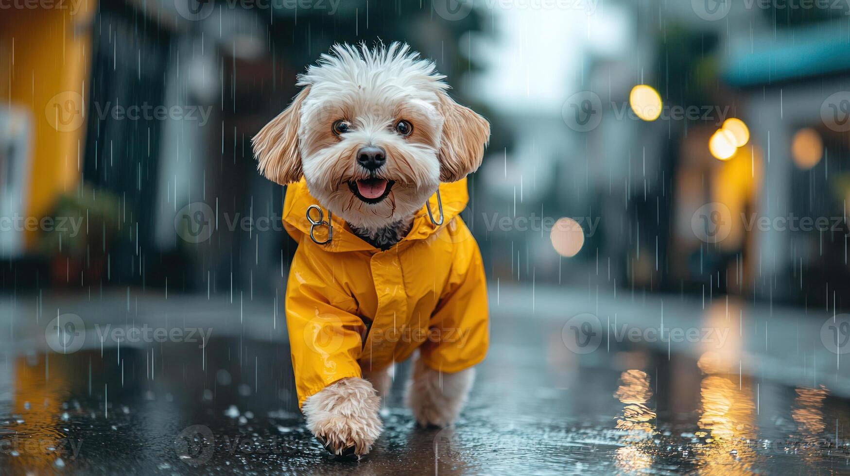 cheerful dog in vibrant raincoat walks happily in rain, splashing through puddles photo