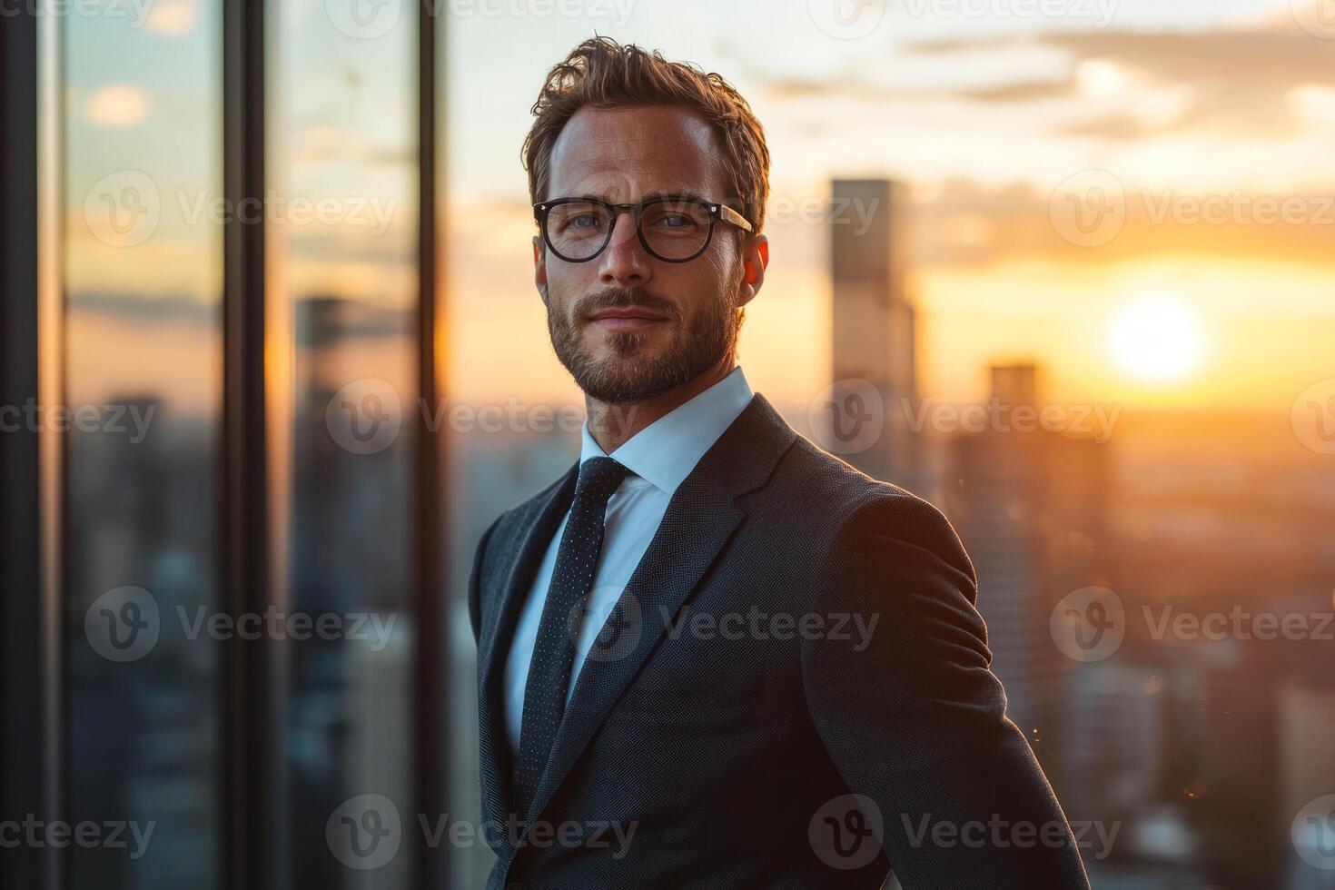 professional man in formal suit stands confidently by large office window, overlooking vibrant city skyline at sunset photo