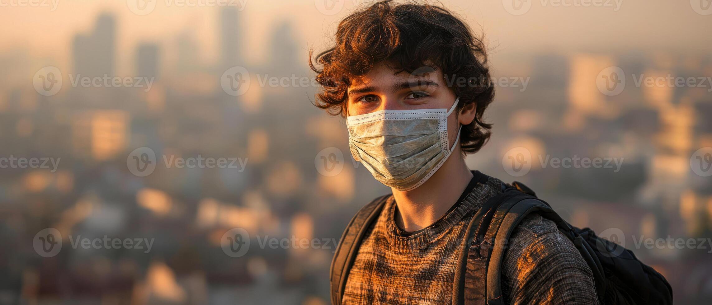 person wearing protective mask with neutral expression, casual outfit, and hazy city background creates contemplative mood photo