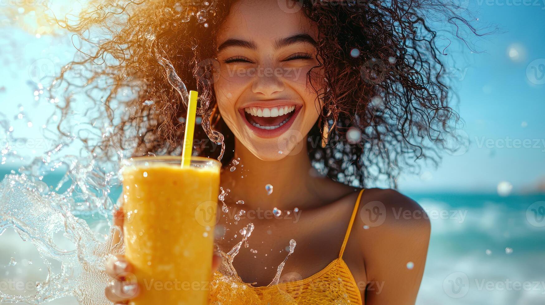 Dynamic pose with smoothie in hand, vibrant energy, clean white background, centered frame, joyful expression, summer vibes photo