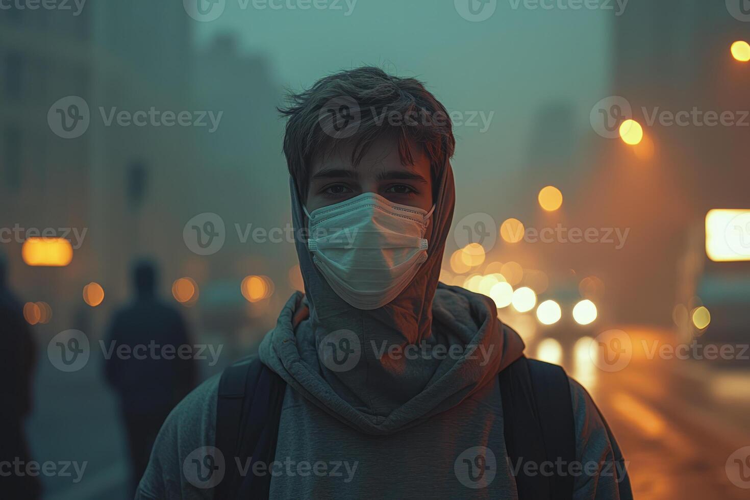 person in protective face mask with neutral expression, casual attire, and hazy urban background creates contemplative mood photo