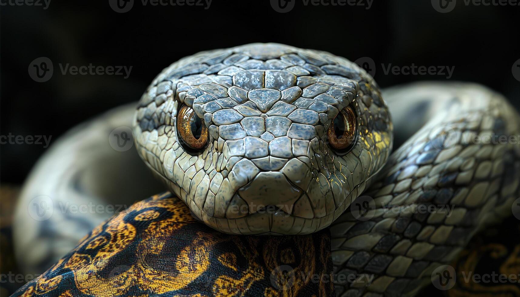 Snake idol with patterned blanket, elegant pose, dark setting, captivating gaze photo