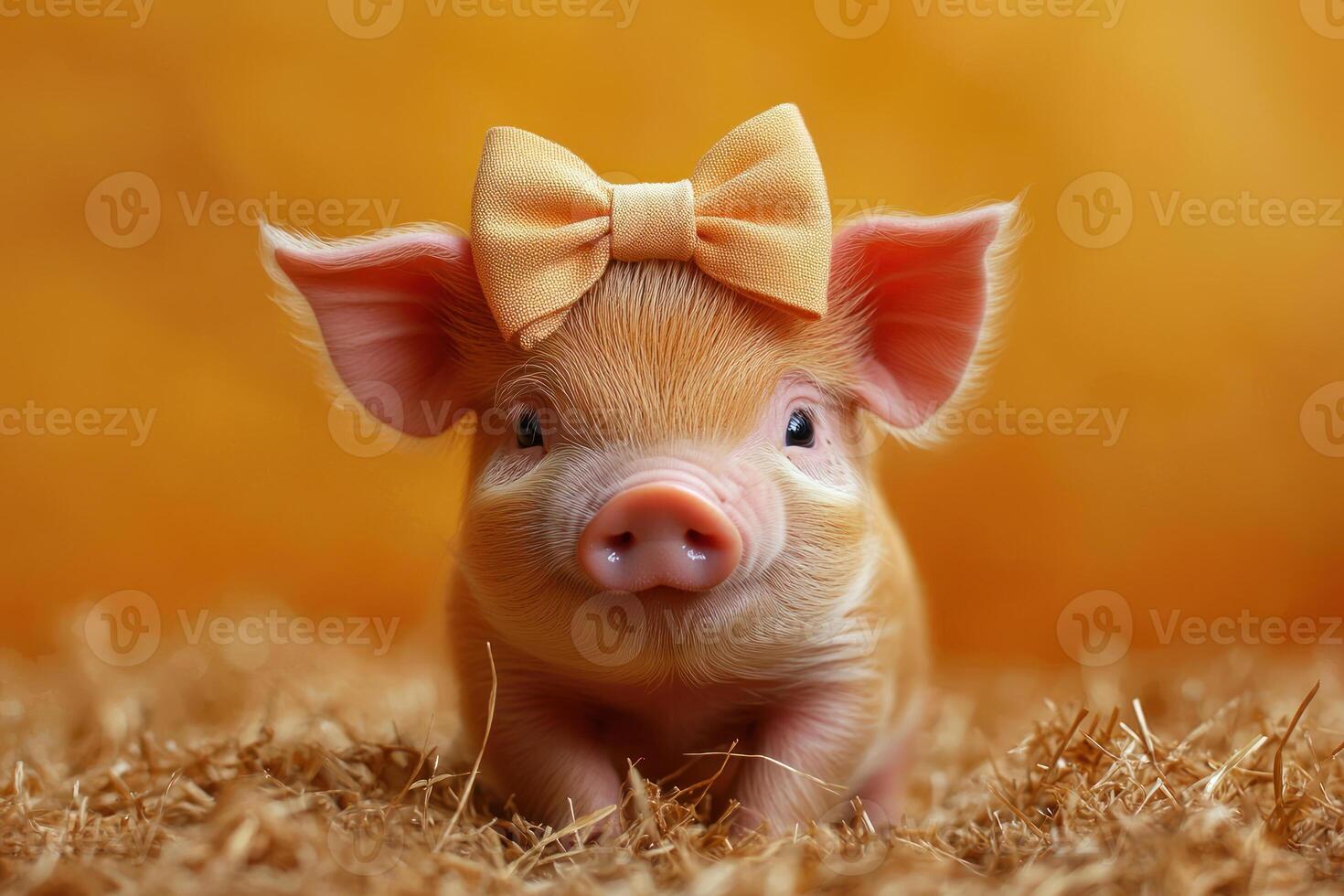 Adorable piglet influencer with stylish bow in farm setting, exuding charm and trendiness photo