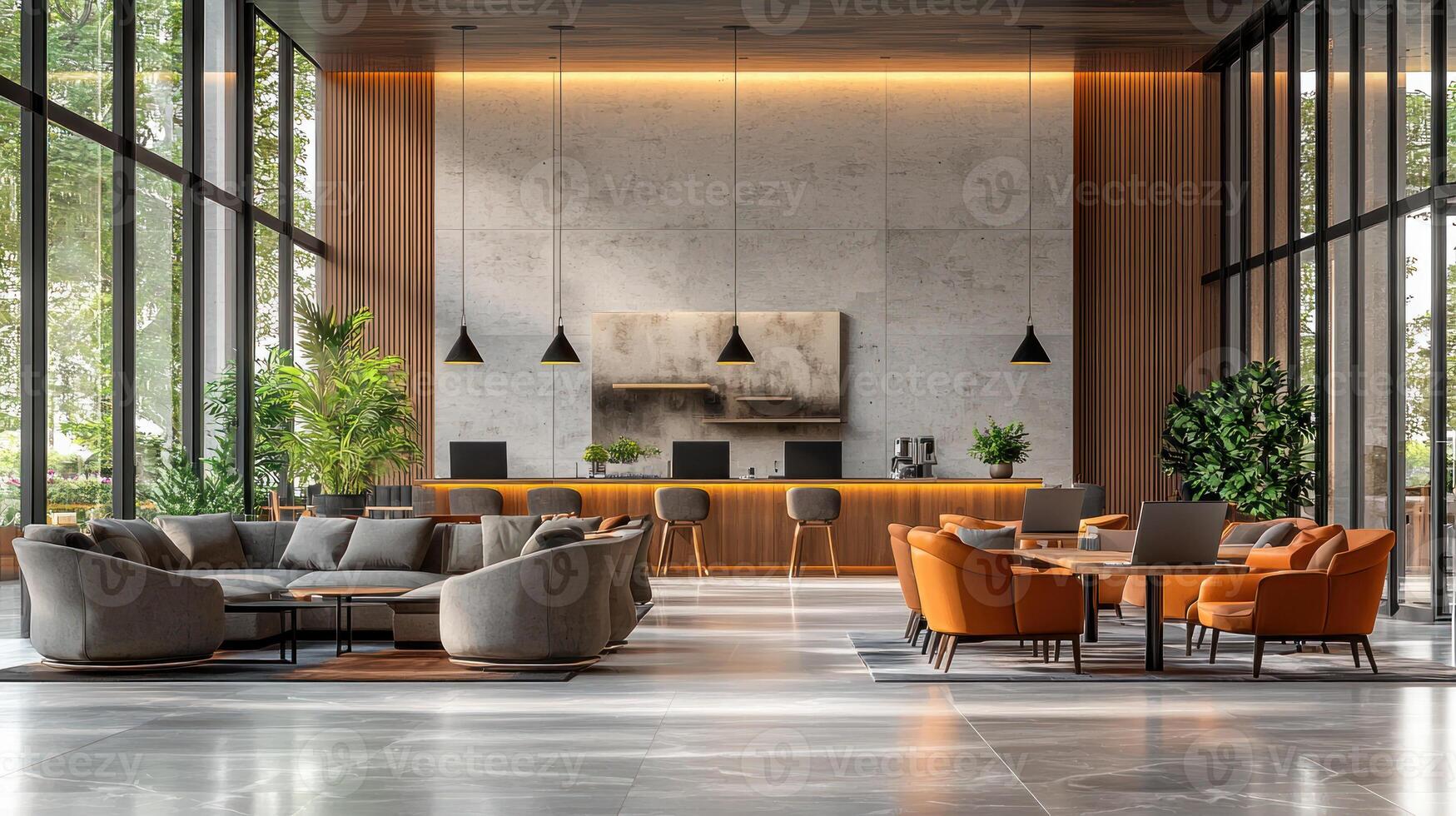 modern business lounge featuring comfortable seating, large windows, and stylish bar area. Professionals engage in networking photo