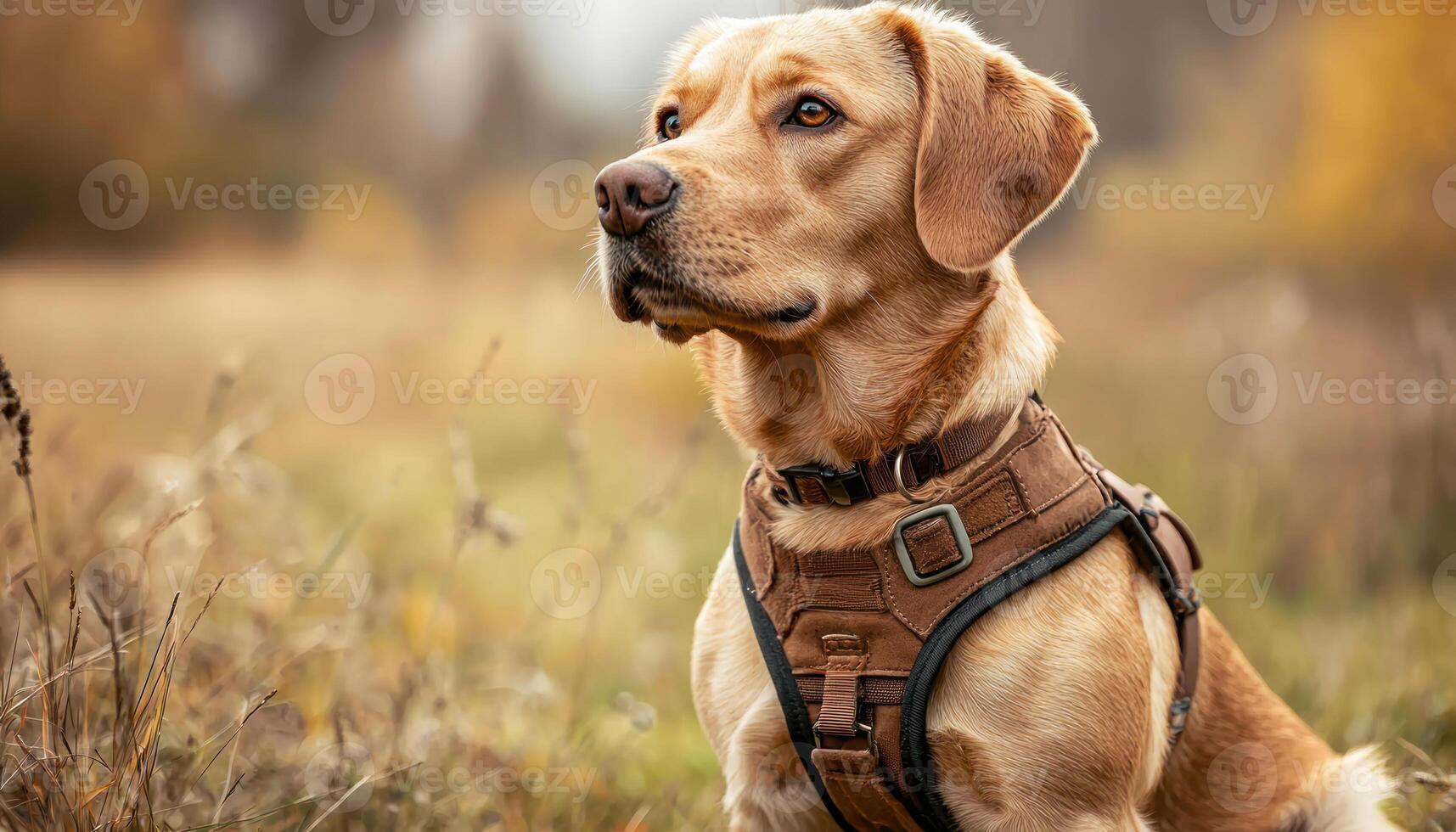 Stylish dog in harness sitting in grassy field, looking thoughtful photo