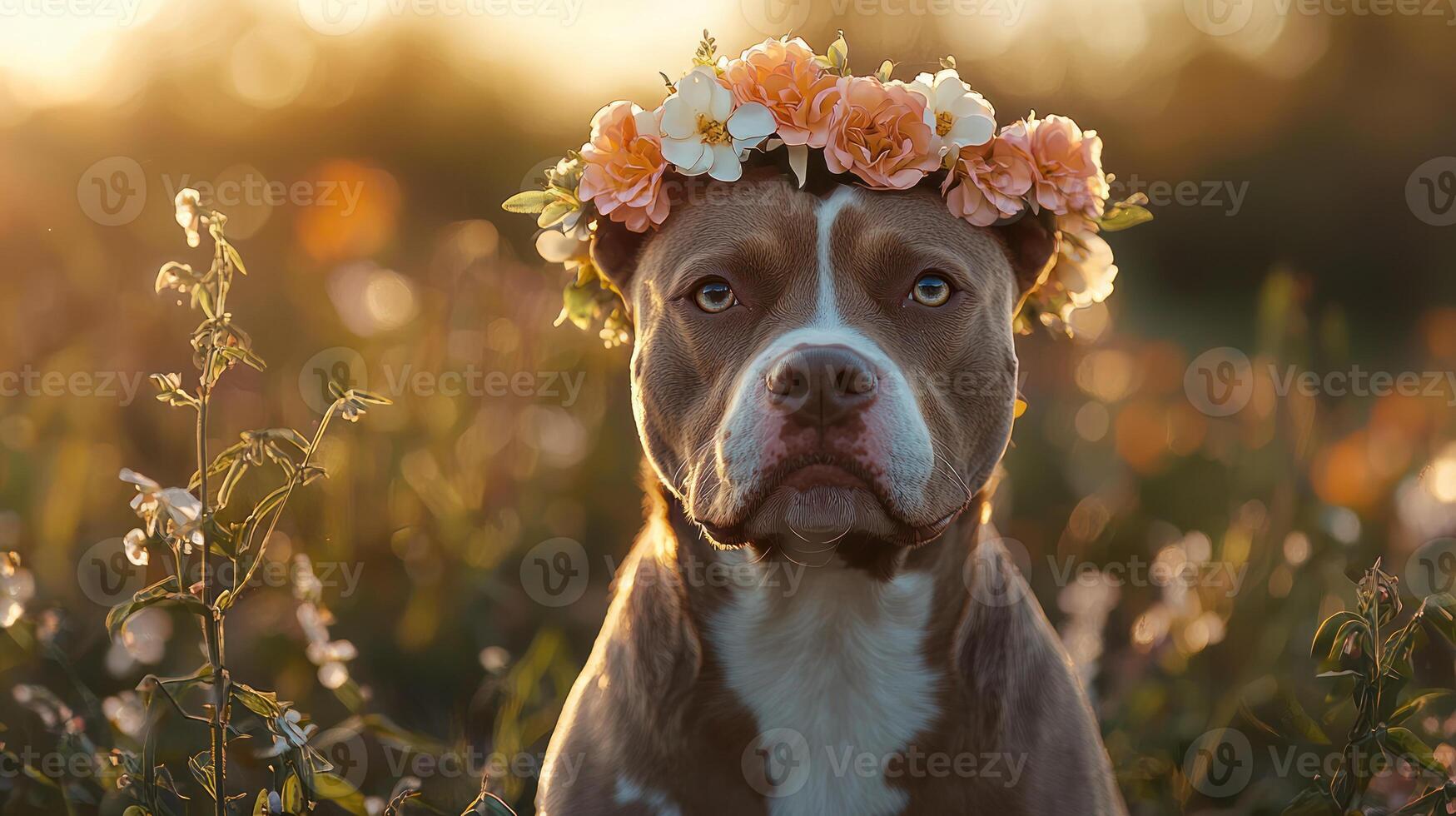 Pet influencer dog with flower crown in blooming garden, radiating joy and charm. photo