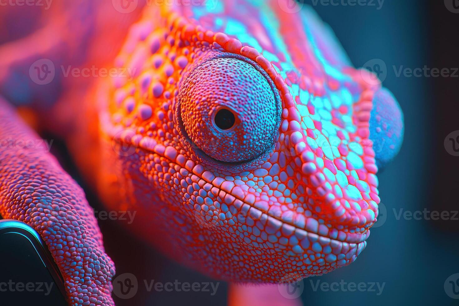Chameleon idol changing color with vibrant hues, macro shot showcasing details photo
