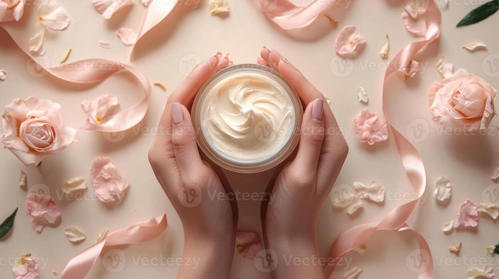 Cream jar held by hands surrounded by ribbons and petals on beige surface photo