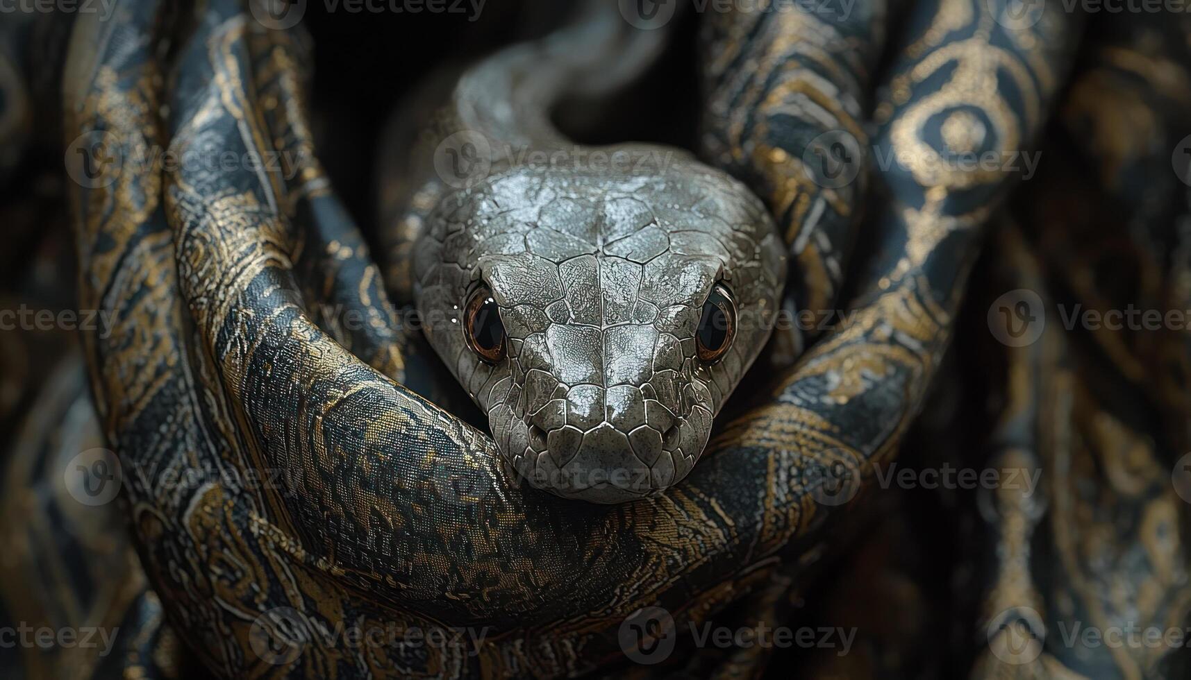 Elegant snake idol with patterned blanket in dark setting, showcasing its intricate details and captivating pose photo