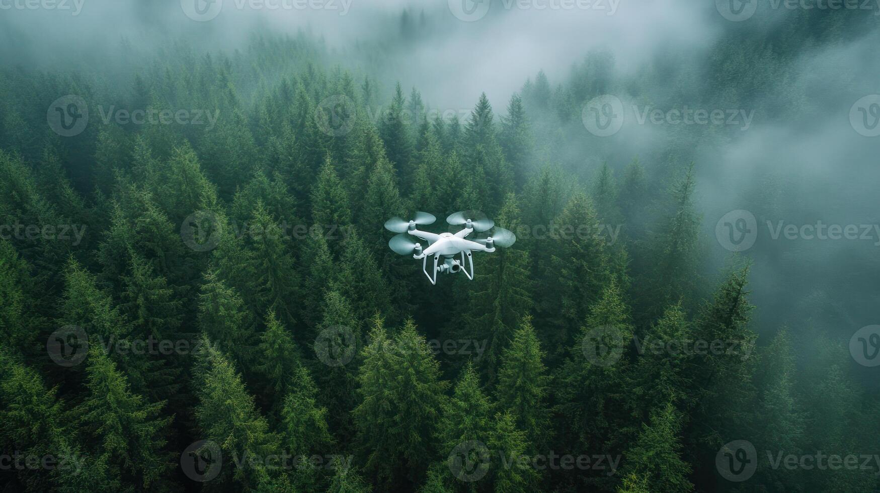 drone flying over dense forest, capturing beauty of nature photo