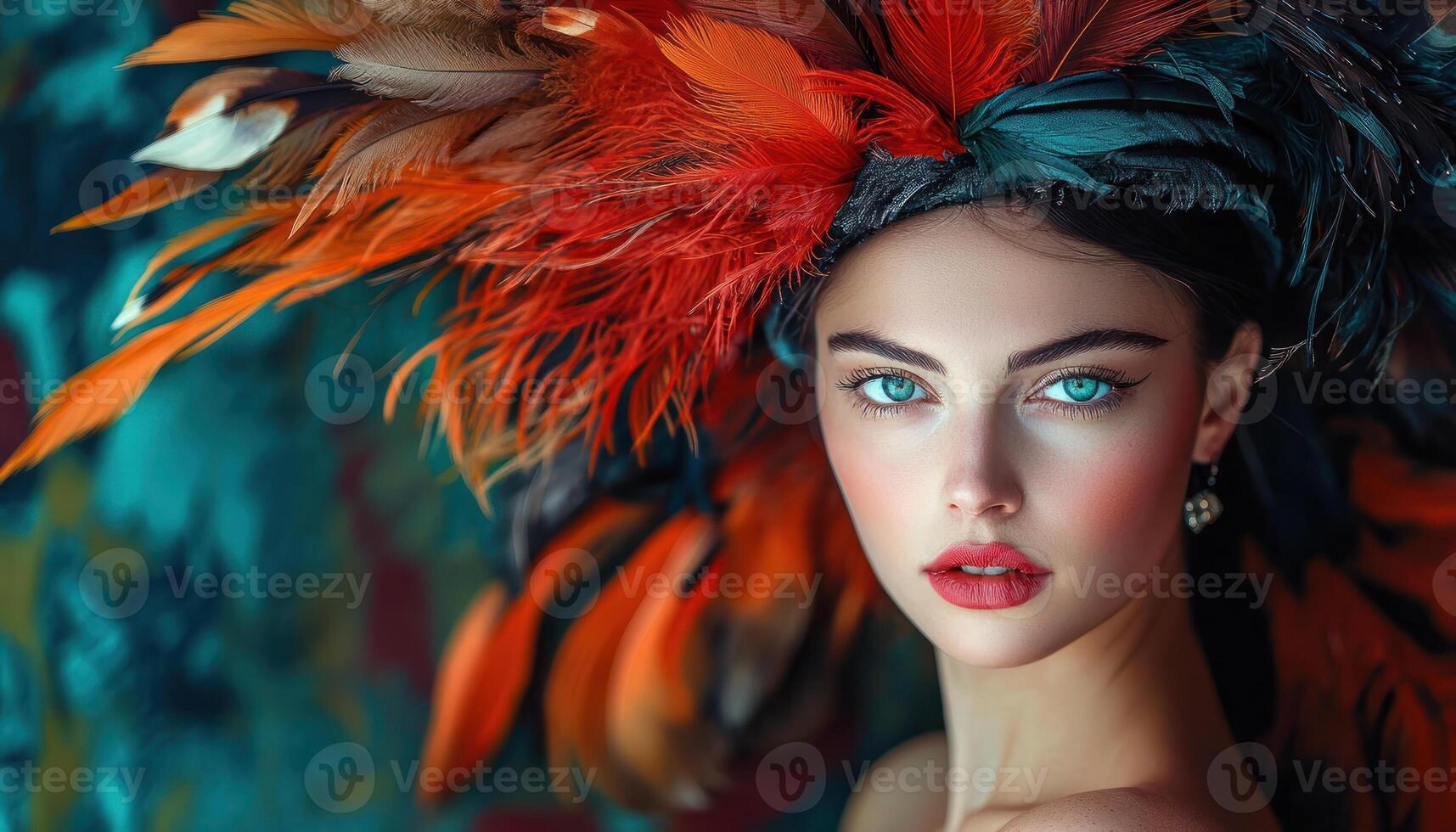 Stylish portrait of woman with colorful feathers in vibrant backdrop photo