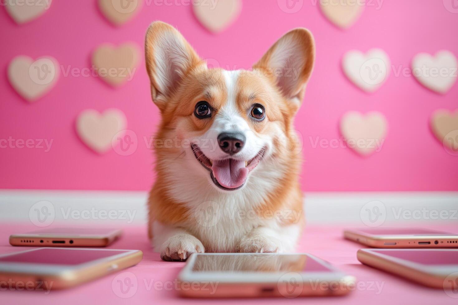 Corgi dog smiling with phone screens, showcasing online popularity and love photo