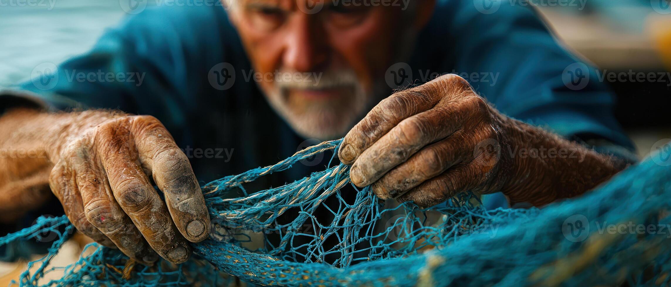 Mature man mending fishing nets with weathered hands on dock photo