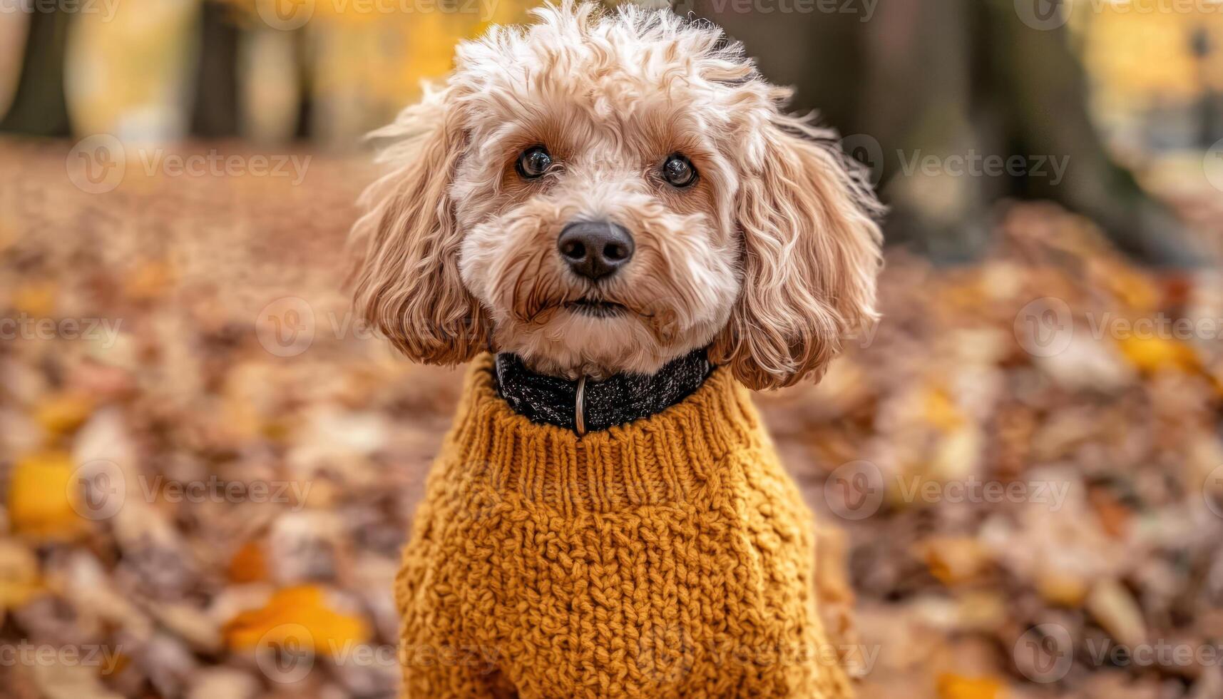 A Fluffy dog influencer modeling cozy sweater in colorful leaves photo
