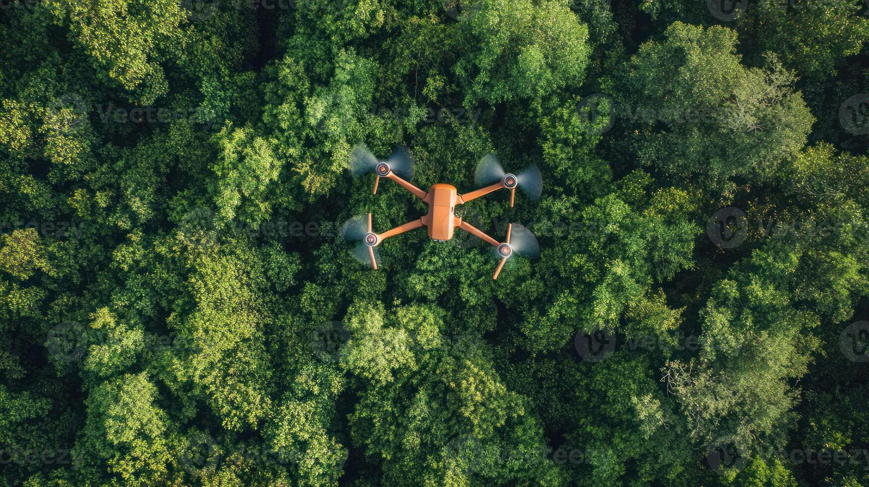 drone flying over dense forest, capturing beauty of nature from above photo