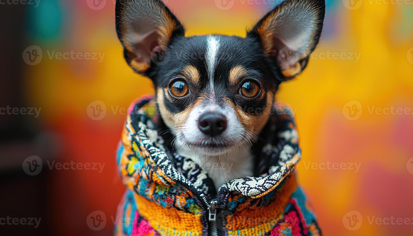 Small dog wearing colorful patterned coat standing confidently with bright background photo