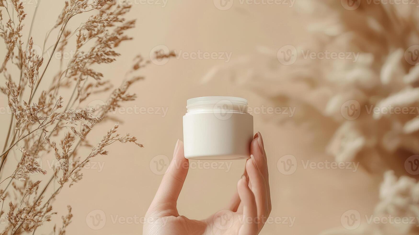 hand holding cream jar against textured beige background, surrounded by dried plants, creates natural and serene atmosphere photo