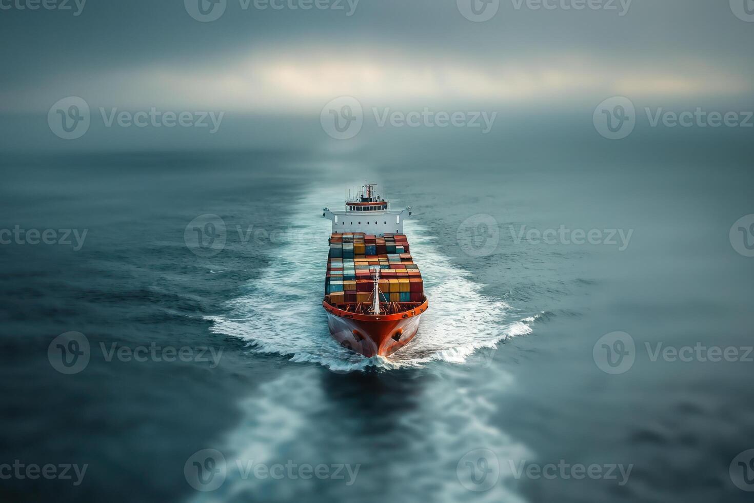 Freighter carrying goods across Gulf of Mexico with soft focus coastline photo