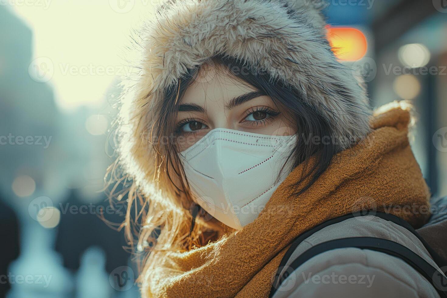 person wearing protective mask with neutral expression, casual attire, and cozy hat hazy urban setting. soft color tones photo