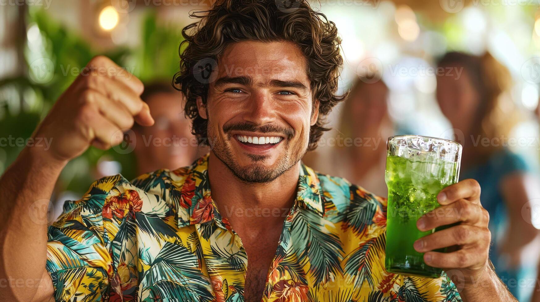 Radiant man with wavy hair, tropical print shirt, and green drink in hand, celebrating with fist pump in lively setting photo
